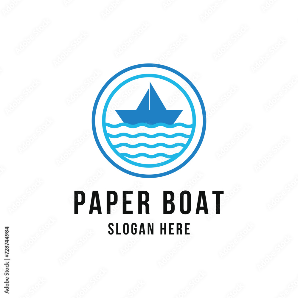paper boat logo design and beach	wave with label circle