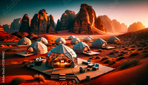 Luxury Desert Glamping in Jordan. Igloo tents in sunset landscape.