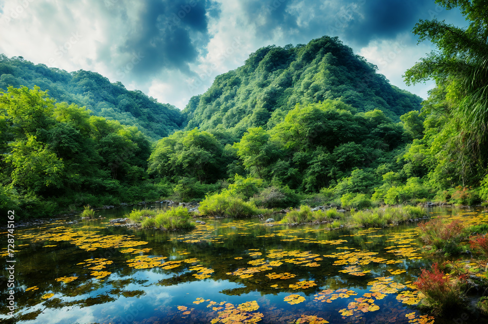 A wild, pristine tropical landscape with a swampy lake and lush vegetation of an impenetrable jungle.	