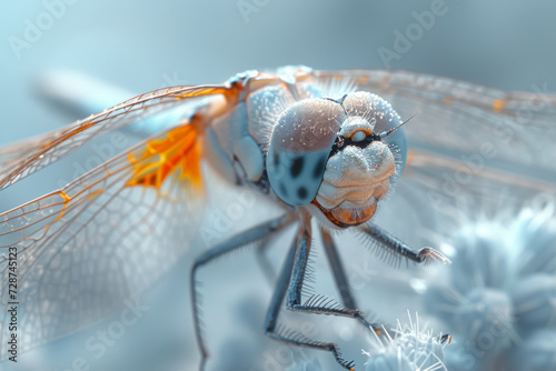 A close-up of a dragonfly in varying tones of metallic silver, showcasing the iridescence and delicacy of the insect within a single color range.  Generative Ai. © Sebastian