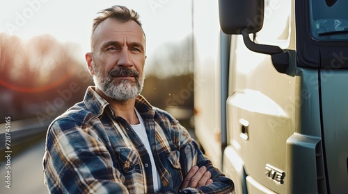 A confident male driver standing next to his truck. The concept of transportation. Happiness radiates from the driver as he stands confidently beside his truck, ready to conquer the road ahead.