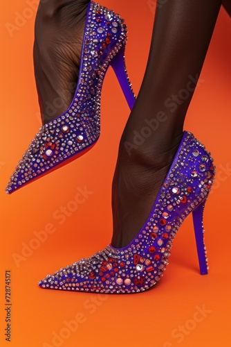 Fotografie Close-up photo of a black woman's feet in exquisite purple rhinestone-studded shoes against a vibrant orange-red background