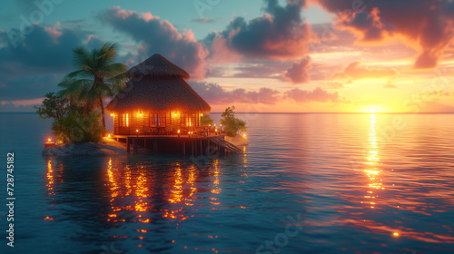 A Beautiful oceanfront hut at sunset with candles representing the perfect island vacation escape, desert island, 