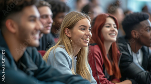 A group of students engaged in a lively discussion in a modern university lecture hall, their animated gestures and expressions reflecting their enthusiasm for learning and intelle