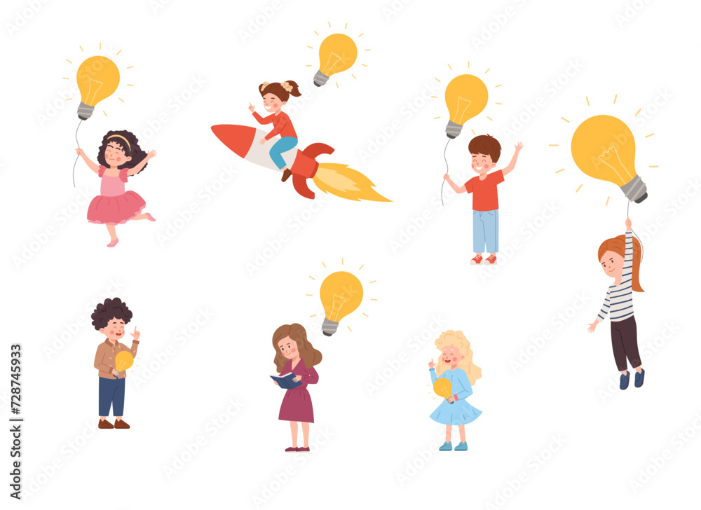 Children with lamps, set of vector illustrations isolated on white