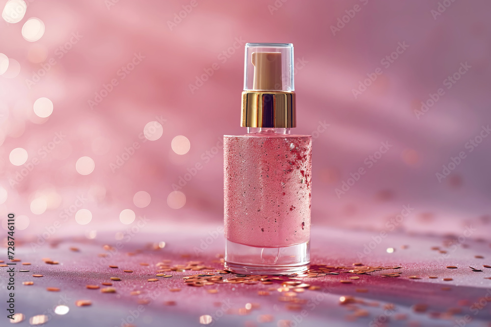 Dropper bottle of serum mockup on an abstract pink background with light and shadows Dropper bottle of serum mockup on an abstract pink background with light and shadows
