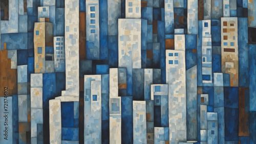 Skyscrapers, cityscape, cubism oil painting