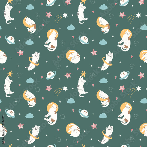Seamless pattern with cats in space 
