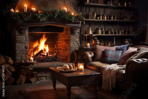minimalistic design Cozy and warm fireplace in a rustic house  christmas decorations  living room arrangement 