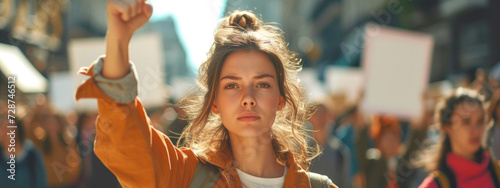 Panoramic close up of a young woman with her fist raised in demand with a crowd concentration with banners in the background. Mobilization of International Women's Day.