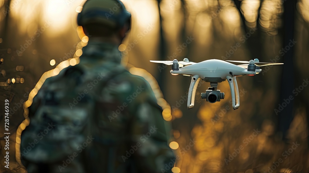 The blurred figure of operator in camouflage controls a combat drone. Drone is in focus. In the shadows, a camouflaged operator controls a razor-sharp combat drone. The blurred figure of operator in camouflage controls a combat drone. Drone is in focus. In the shadows, a camouflaged operator controls a razor-sharp combat drone.