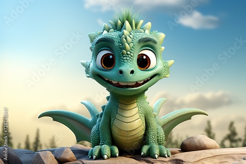 minimalistic design Cute green dragon illustration  animation movie style