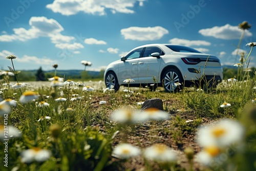 minimalistic design Eco friendly car development; clear ecology driving; no pollution and emmission transportation concept. green car icon on fresh spring meadow with blue sky in background
