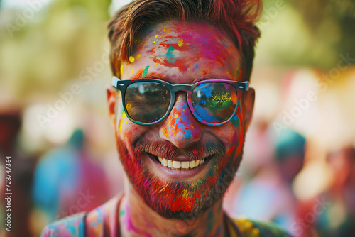 Joyful man with colorful powder on his face wearing sunglasses at vibrant Holi festival