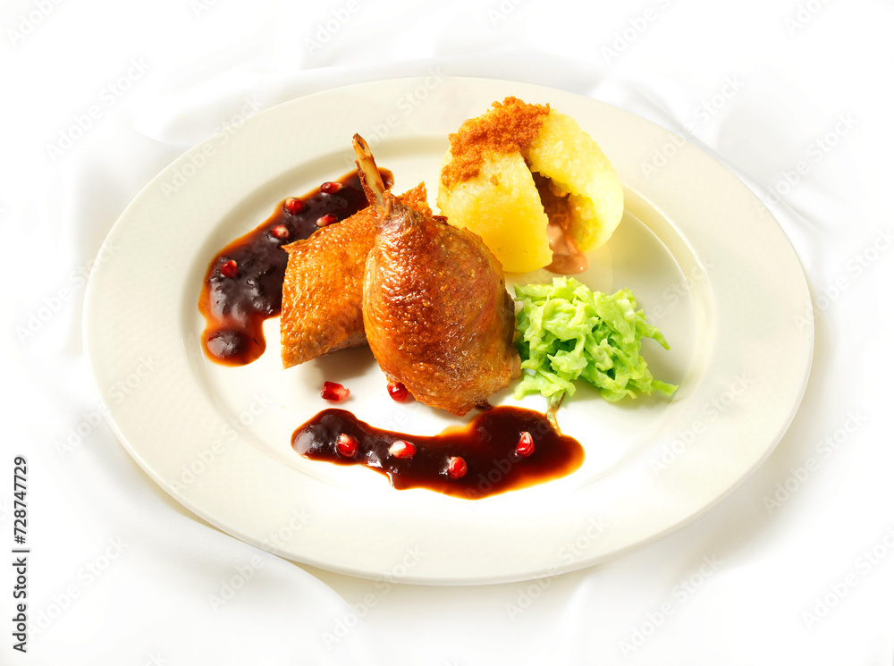 Naklejka premium Ente, gebraten, Sauce, Entenbrust, Knödel, kross,