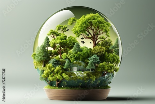 minimalistic design Earth Day - Environment - Green Globe In Forest With Moss And Defocused Abstract Sunlight,