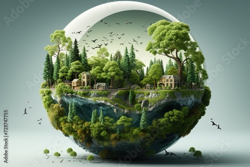 minimalistic design Earth Day - Environment - Green Globe In Forest With Moss And Defocused Abstract Sunlight, © Dipankar