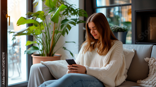 Young happy woman using smart phone app, choose energy class efficiency rating consuming environment of electrical appliances at her home. Generative AI