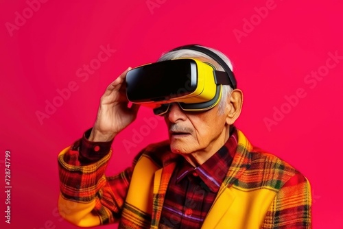 Elderly Asian man wearing virtual reality glasses on pink background © foto.katarinka