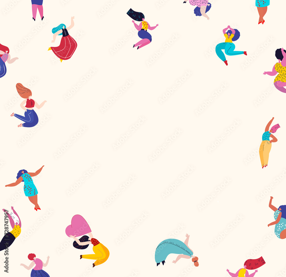 Banner,Leaflet with place for text,white background.Beautiful Women with Different Beauty,Hair,Skin Color.Party,Dances.Different Races,Nations.Diversity.The Femininity Concept.Vector flat Illustration