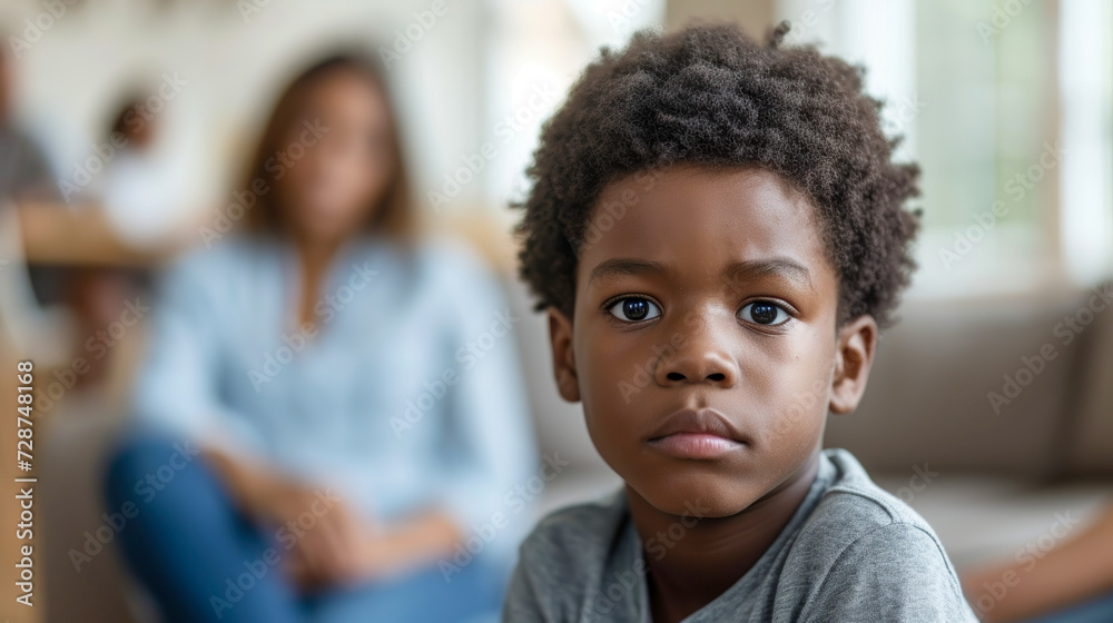 Portrait of a young boy with her single parent mother on the background - Struggles of single mom raising her child Portrait of a young boy with her single parent mother on the background - Struggles of single mom raising her child