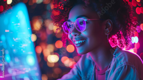 Radiant Young Black Woman with Purple Glasses Amidst Vivid Neon Lights