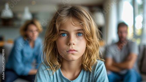 Concerned Child with Worried Expression, Parents Arguing in Background