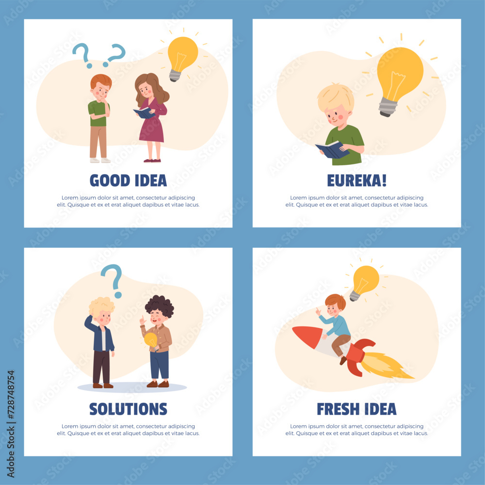 Set of squares banners about children having fresh and good idea flat style
