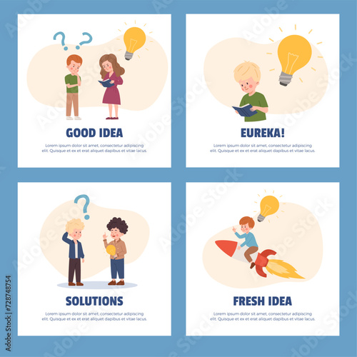 Set of squares banners about children having fresh and good idea flat style