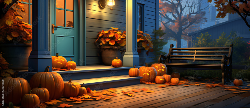 Obraz premium Porch with pumpkins and yellow leaves around, in the style of light blue and dark brown.
