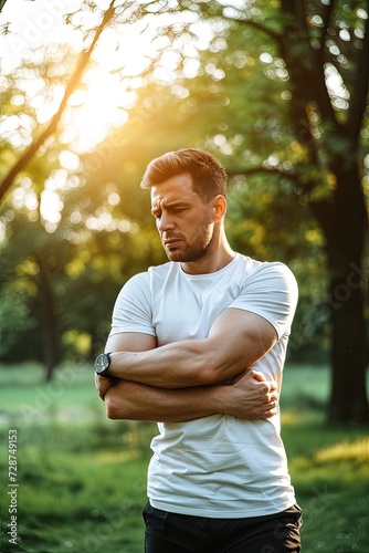 Man suffering from elbow pain. Elbow joint pain  man outdoor accident. Close-up.