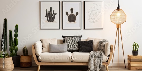 Cacti and geometric art above sofa with cushions, alongside black lamp in cozy living room. photo