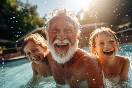 Cheerful grandfather and grandchildren enjoy time together during summer day, they splashing in outdoor pool © The other house