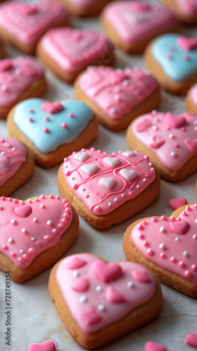 Cookies decorated with icing in a vintage quilt pattern in shades of blue and pink. Background for Valentine's day.
