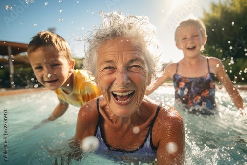 Happy family with grandmother and grandchildren enjoy time together in a pool during summer holidays, they splashing water