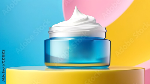 Mockup of a glass jar with facial skin care cream on a round yellow podium, abstract pink and blue background. Cosmetics beauty product. Blank label packaging for branding sample. photo