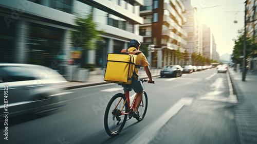 A delivery rider on a bicycle with a yellow backpack speeds along a sunlit urban road, signifying city life and convenience.