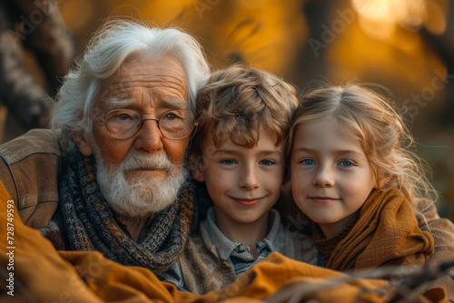 A photograph capturing the essence of intergenerational bonding, with a grandparent sharing a moment of joy with their grandchildren in a park. Generative Ai.