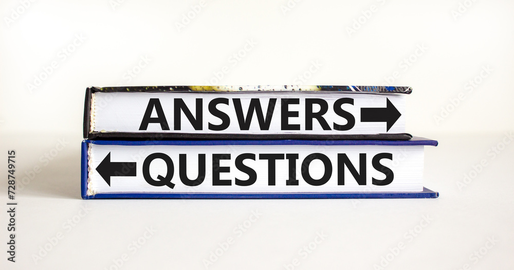 Obraz premium Questions and answers symbol. Concept word Questions Answers on beautiful books. Beautiful white table white background. Business questions and answers concept. Copy space.