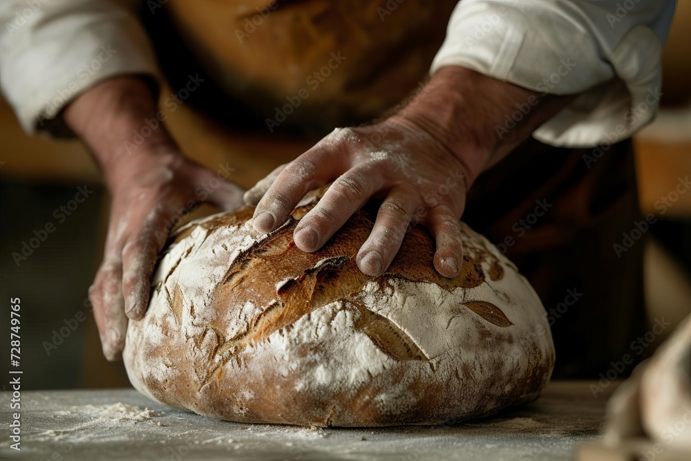Artisan bread maker scoring a loaf of sourdough before baking A ritual of precision and tradition