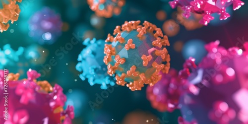 Abstract virus particles, with spherical, abstracted shapes in various colors, symbolizing the microscopic world of viruses and pathogens