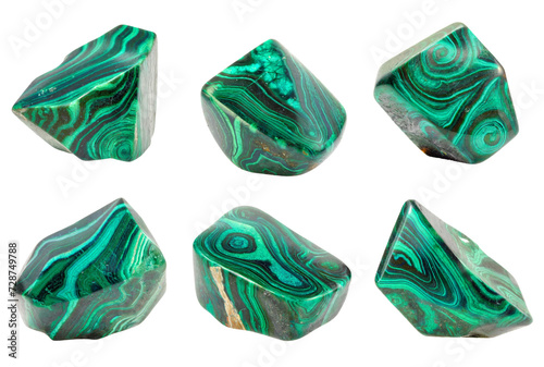 Set of green polished malachite stones. Isolated on white or transparent background png. © Leon K
