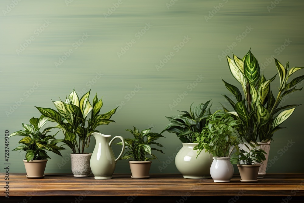 minimalistic design Green houseplants in pots and watering can on wooden table near white wall,