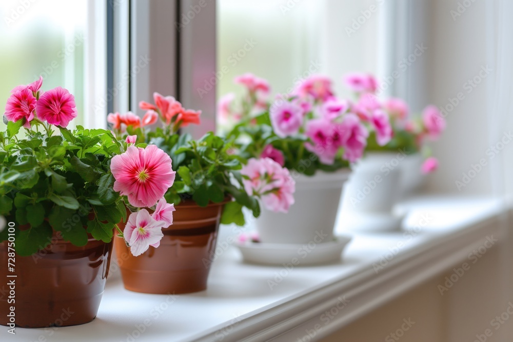 beautiful flowers on the windowsill near the window
