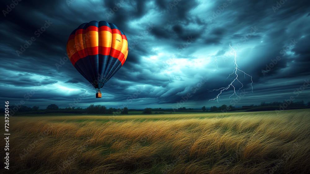 Fototapeta premium colorful hot air balloon floats over a golden field with a dramatic stormy sky and lightning bolt in the background