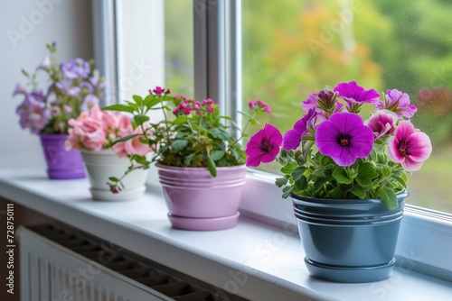 beautiful flowers on the windowsill near the window © Е К