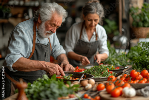 An image of a senior couple engaged in a cooking class, illustrating the joy of learning new culinary skills and maintaining a healthy lifestyle through nutritious meals. Generative Ai.