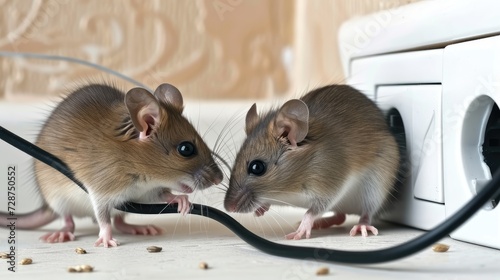 a mouse is gnawing on a wire inside an apartment house, set against the backdrop of a wall and electrical outlet, illustrating the ongoing battle against mice infestation in residential spaces. photo