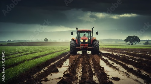 tractor in field in rainy season 