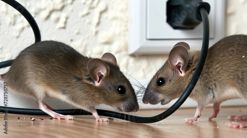 a mouse is gnawing on a wire inside an apartment house, set against the backdrop of a wall and electrical outlet, illustrating the ongoing battle against mice infestation in residential spaces.